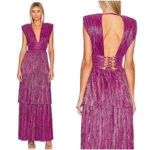 Sabina Musayev Judith Gown V-Neck Pleated Lace-Up Backless Tiered Maxi Dress